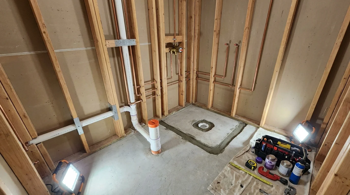 Bathroom rough-in plumbing during remodel by Johns Plumbing LLC in Meadville