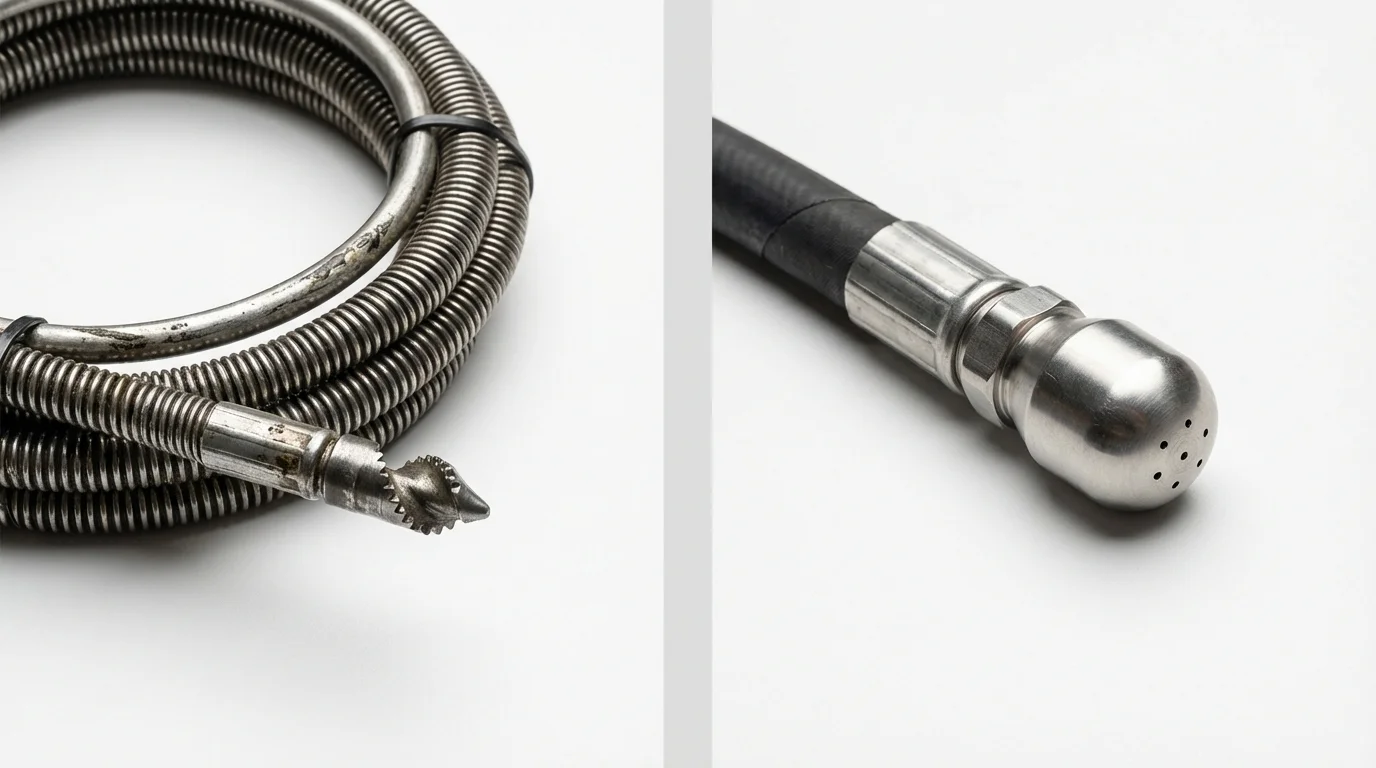 Drain snake cable and hydro jetting nozzle used for drain cleaning in Meadville, MS
