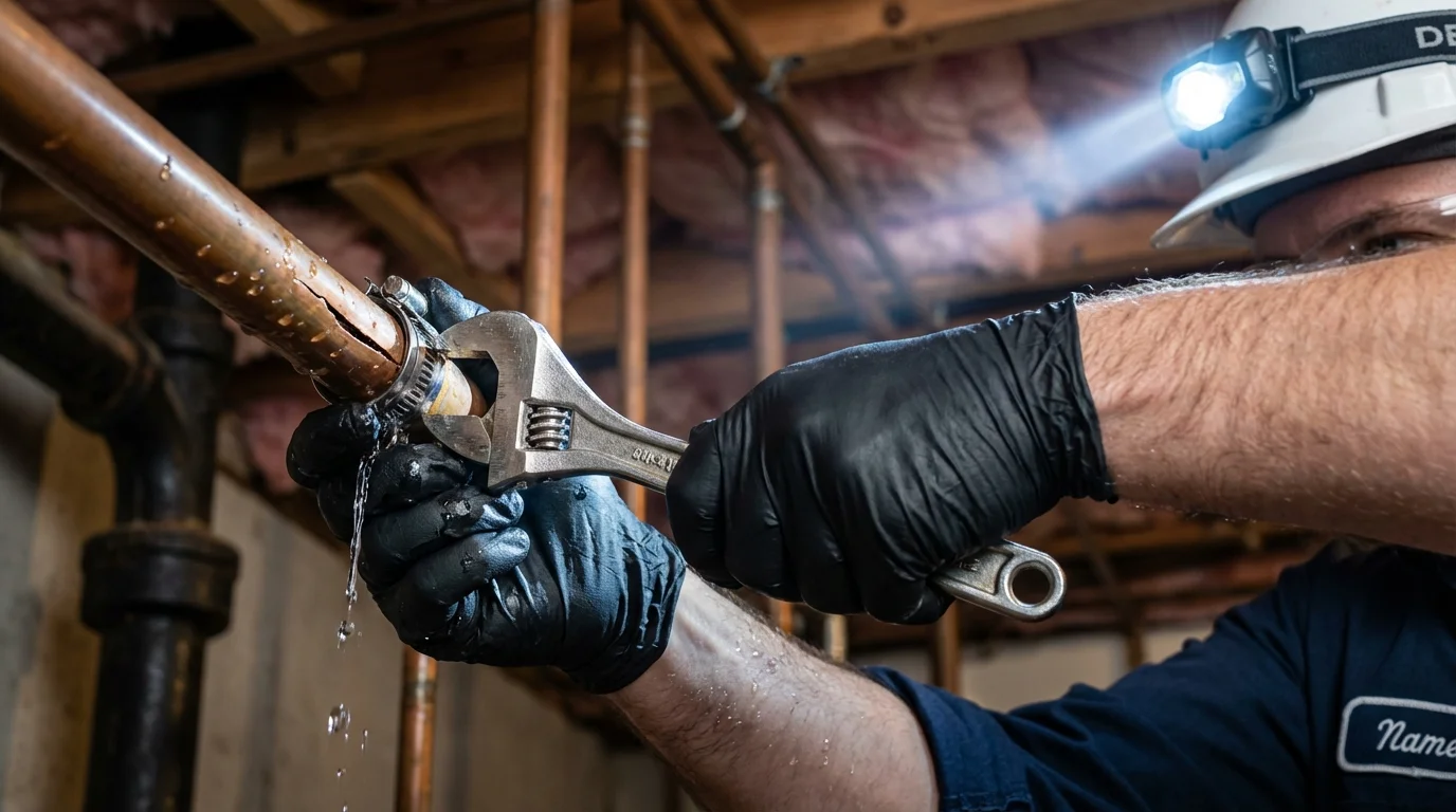 Emergency pipe clamp repair being performed by a Johns Plumbing LLC plumber in Meadville
