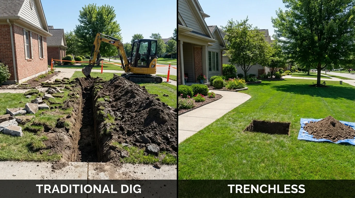 Trenchless sewer repair with minimal yard damage versus traditional excavation in Meadville, MS