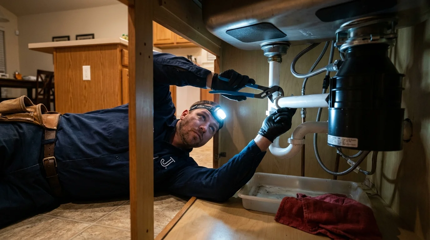 P-trap and supply line connections under a kitchen sink showing a common leak point in Meadville, MS
